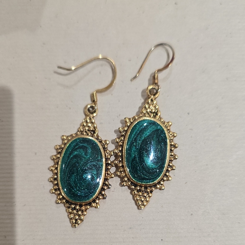 Unique Vintage Gold and Teal Earrings
